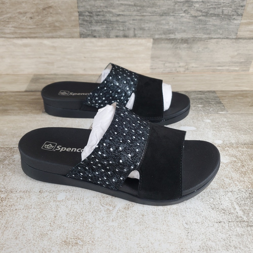 Spenco Dawn Womens Slide Sandals Sz 8 D Black Ostrich Leather Slip On Open Toe